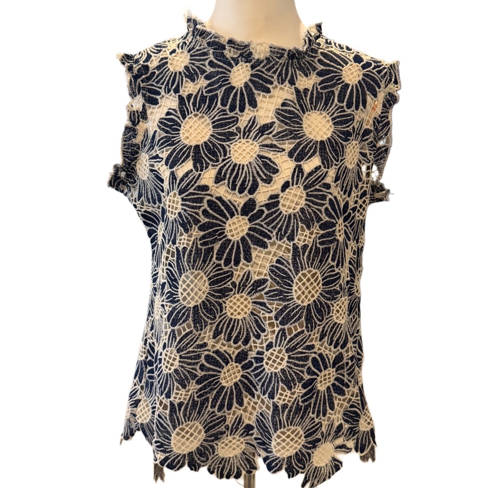 Liverpool Floral Lace Sleeveless Top - Navy and Cream